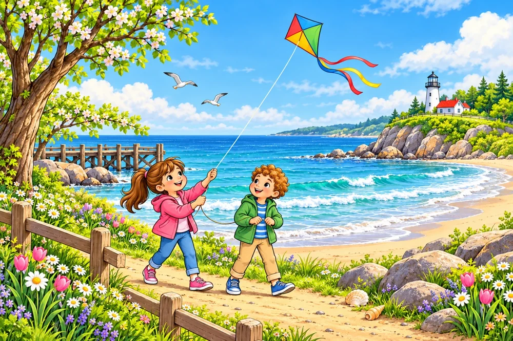 Colourful seaside preview for four seasonal colouring pages