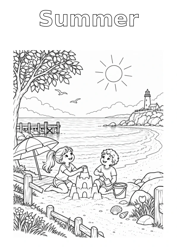 Seaside in Summer, with the season name in outline for colouring