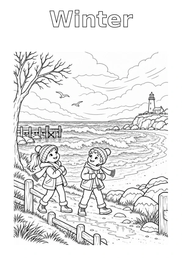 Seaside in Winter, with the season name in outline for colouring