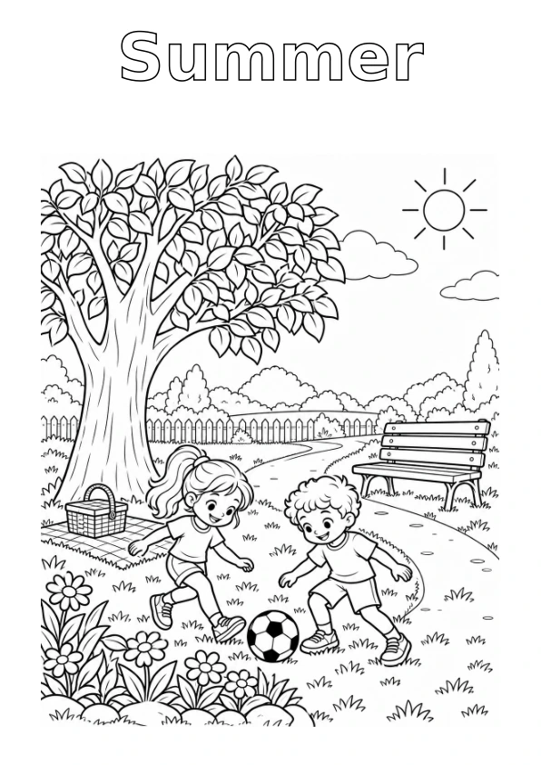 Park in Summer, with the season name in outline for colouring