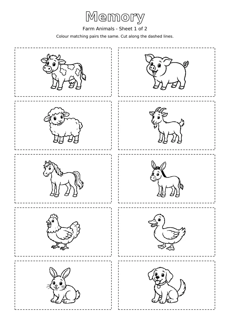 Farm Animals Memory sheet 1 of 2: ten black and white colouring cards with dashed cutting outlines