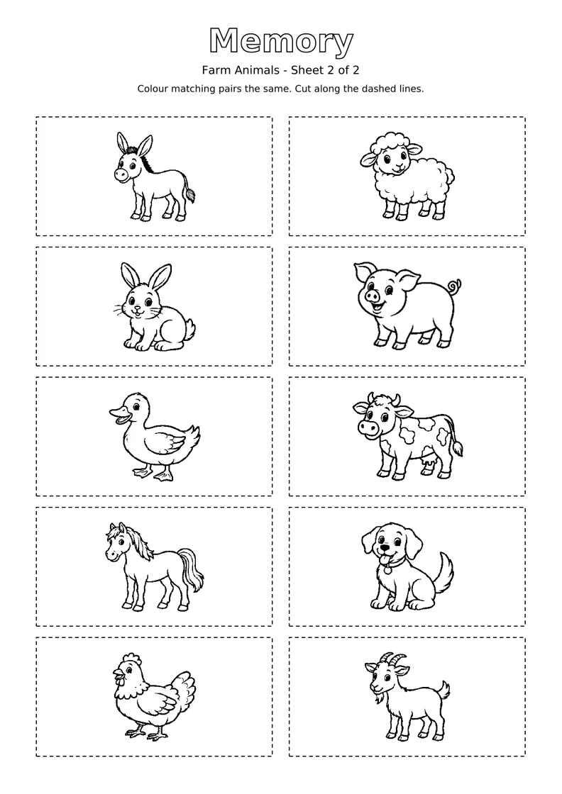 Farm Animals Memory sheet 2 of 2: ten black and white colouring cards with dashed cutting outlines