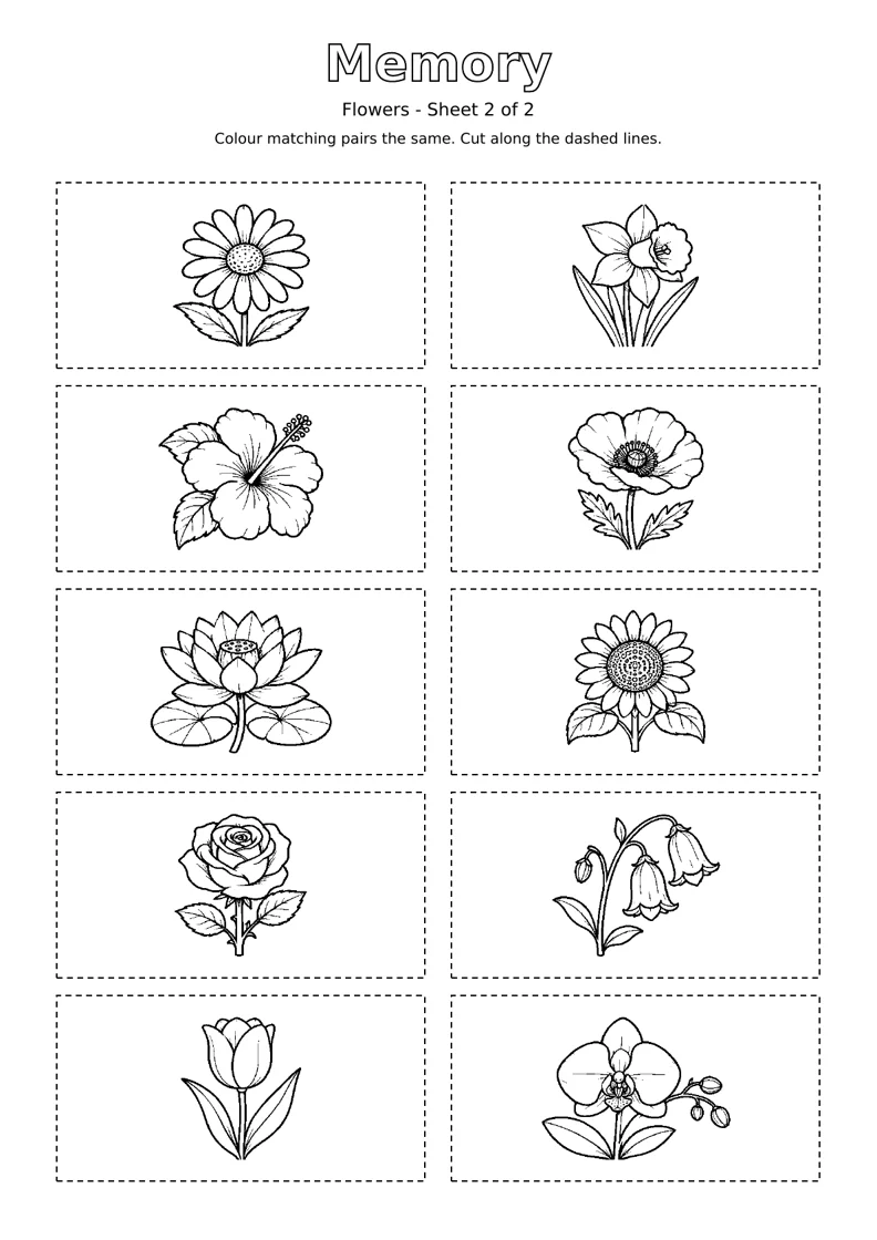 Flowers Memory sheet 2 of 2: ten black and white colouring cards with dashed cutting outlines