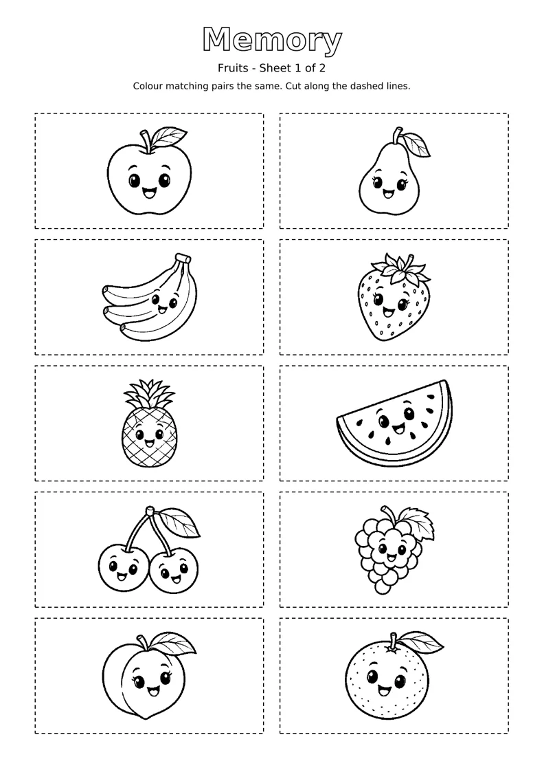 Fruits Memory sheet 1 of 2: ten black and white colouring cards with dashed cutting outlines