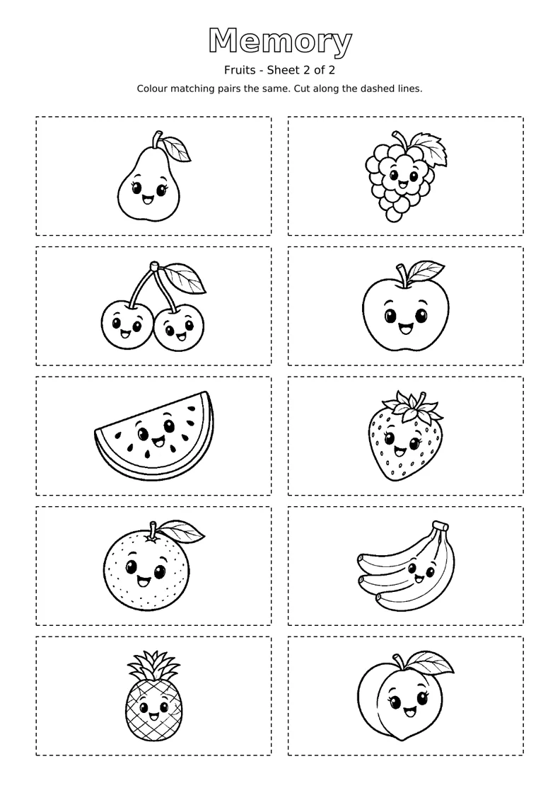 Fruits Memory sheet 2 of 2: ten black and white colouring cards with dashed cutting outlines