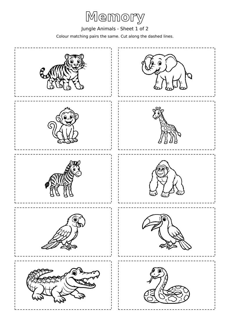 Jungle Animals Memory sheet 1 of 2: ten black and white colouring cards with dashed cutting outlines