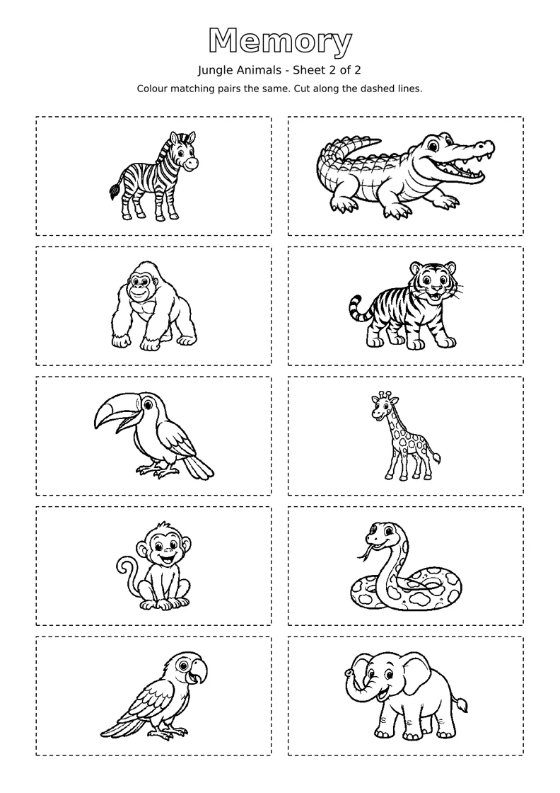 Jungle Animals Memory sheet 2 of 2: ten black and white colouring cards with dashed cutting outlines