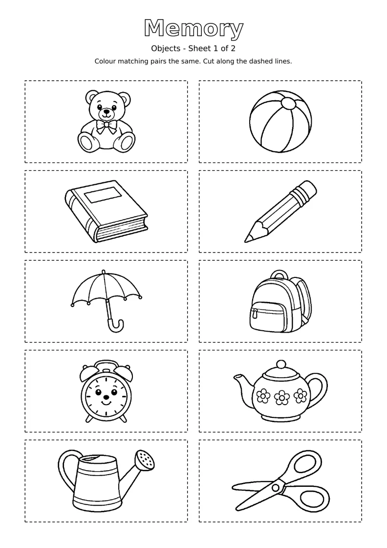 Objects Memory sheet 1 of 2: ten black and white colouring cards with dashed cutting outlines