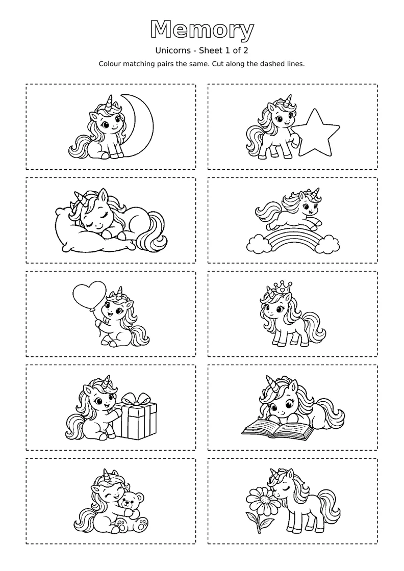 Unicorns Memory sheet 1 of 2: ten black and white colouring cards with dashed cutting outlines