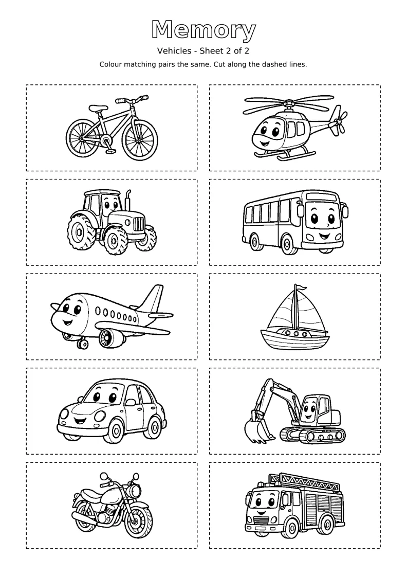 Vehicles Memory sheet 2 of 2: ten black and white colouring cards with dashed cutting outlines