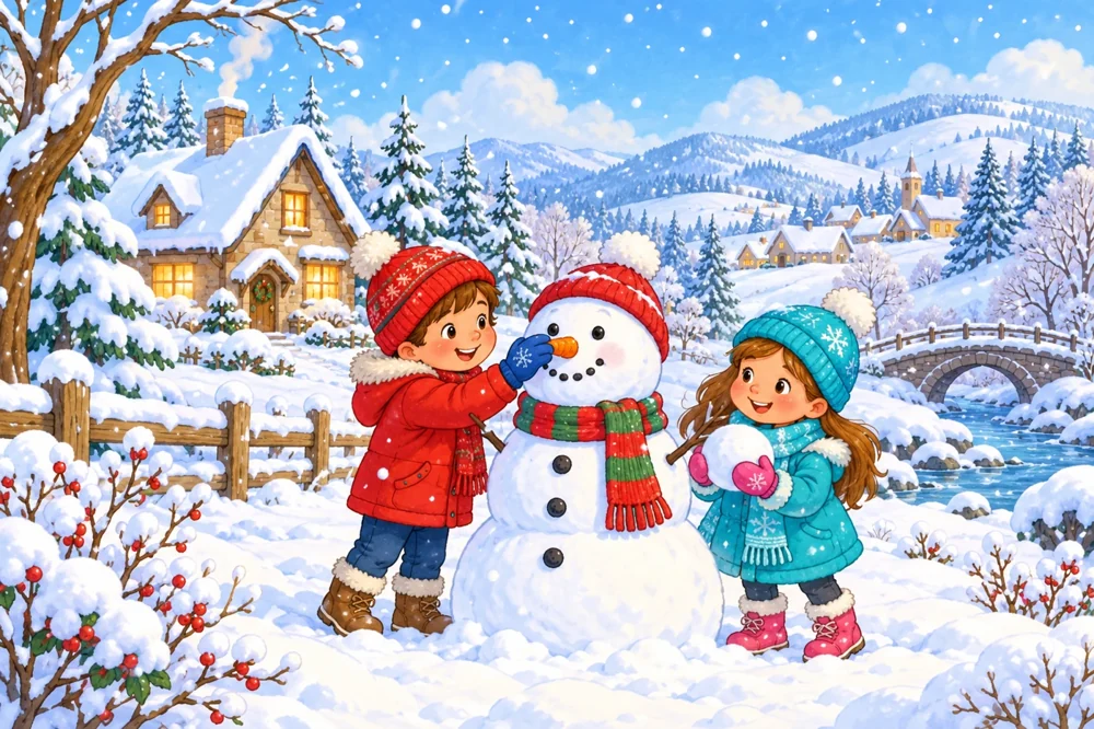 Children building a snowman in a colourful snowy village scene