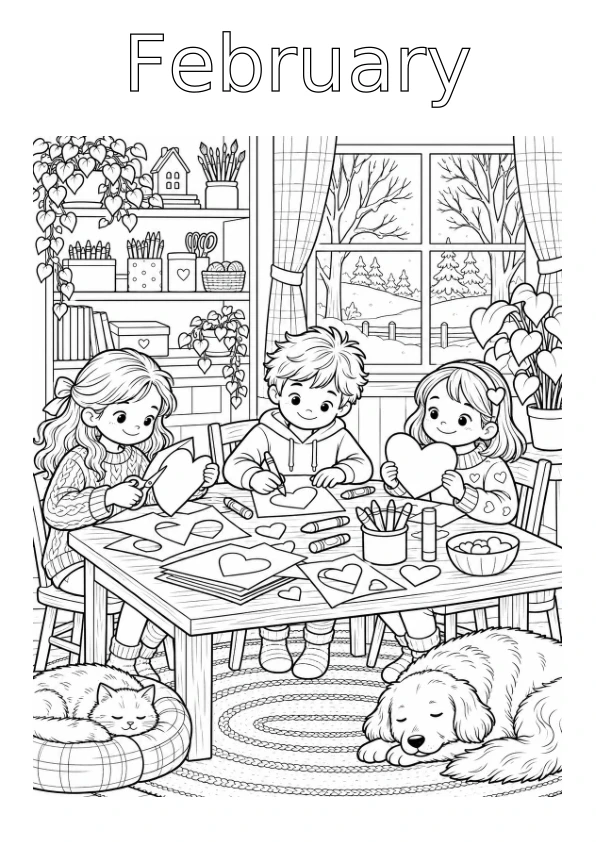 February colouring page: Children making heart-shaped cards in a cosy craft room
