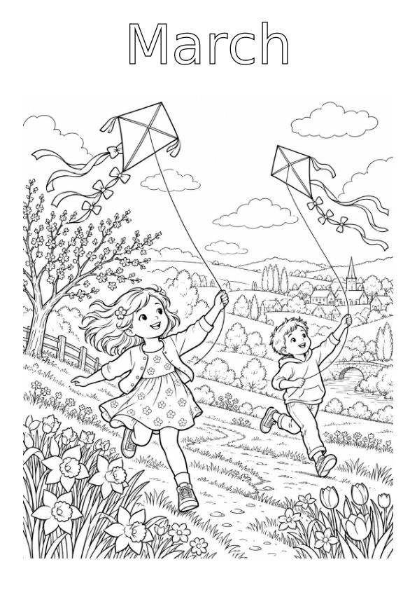March colouring page: Children flying kites over spring hills