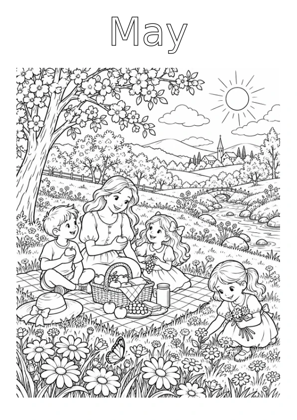 May colouring page: A family picnic in a flowering meadow