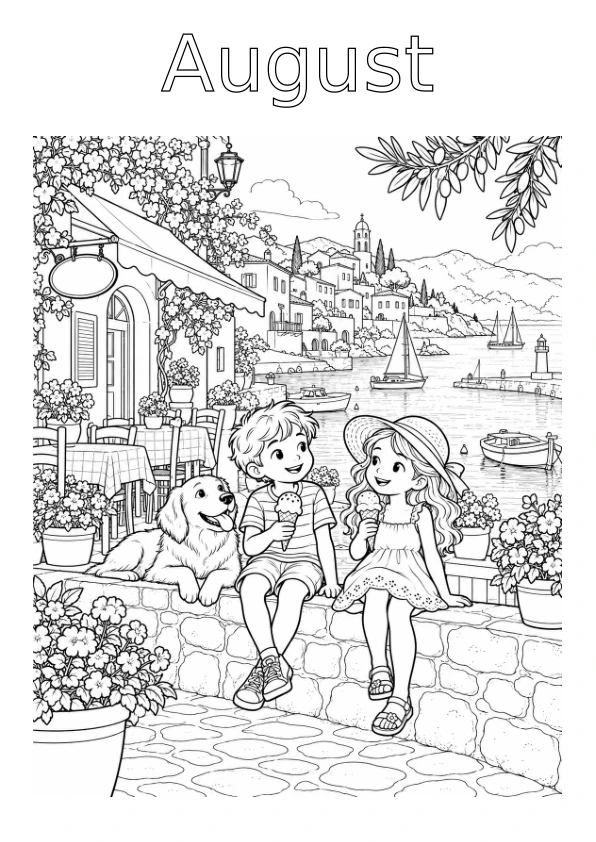 August colouring page: Children enjoying ice cream in a seaside village