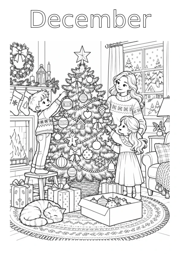 December colouring page: A family decorating a Christmas tree in a cosy room