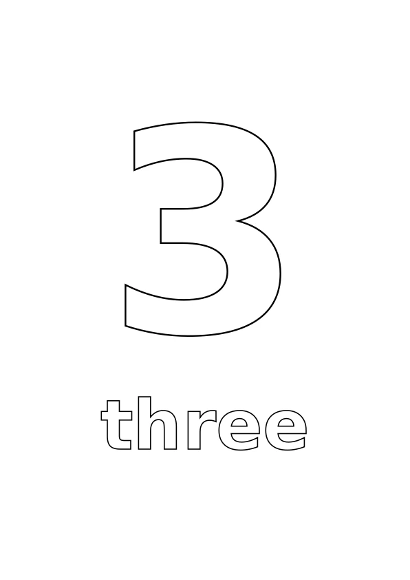 Number 3 with the word three underneath, both in outline for colouring