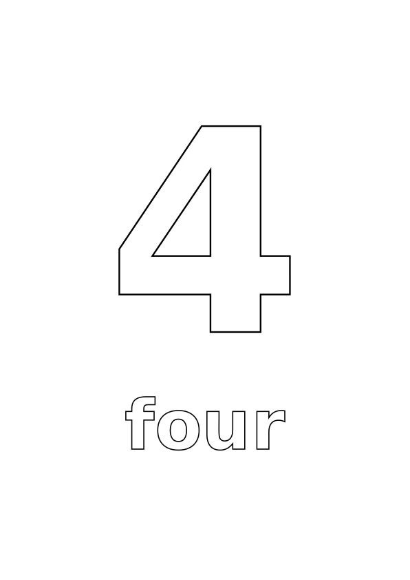 Number 4 with the word four underneath, both in outline for colouring