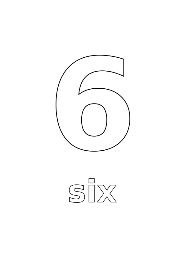 Number 6 with the word six underneath, both in outline for colouring