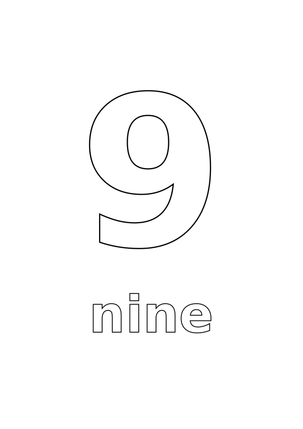 Number 9 with the word nine underneath, both in outline for colouring