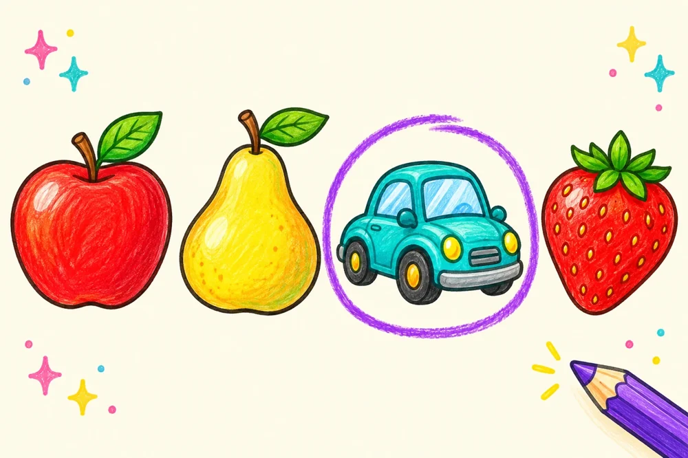 Colourful apple, pear and strawberry with a toy car as the odd one out