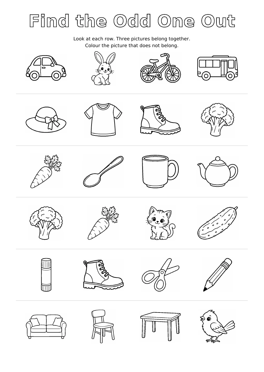 Worksheet 3: six rows of four outline pictures, with one picture in each row that does not belong to the group