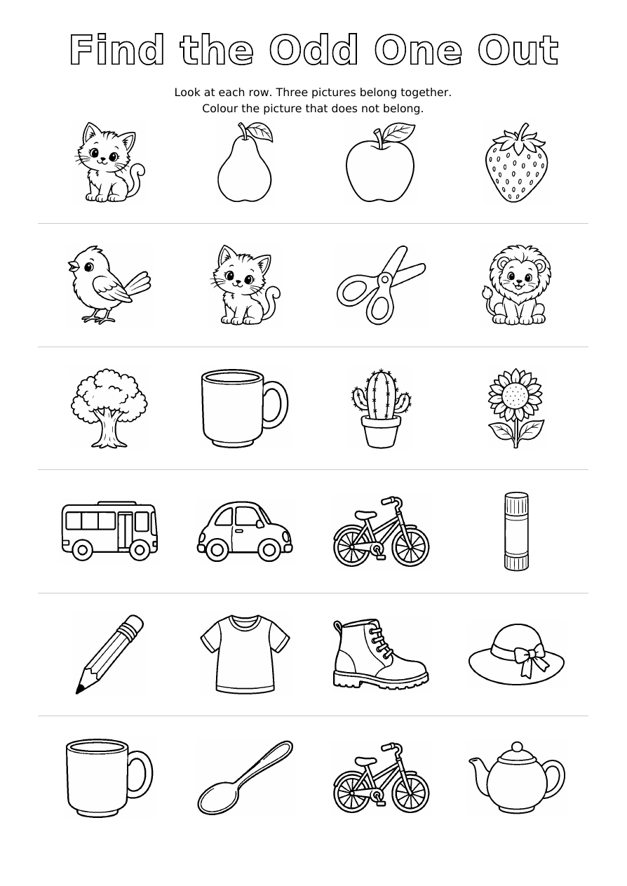 Worksheet 4: six rows of four outline pictures, with one picture in each row that does not belong to the group