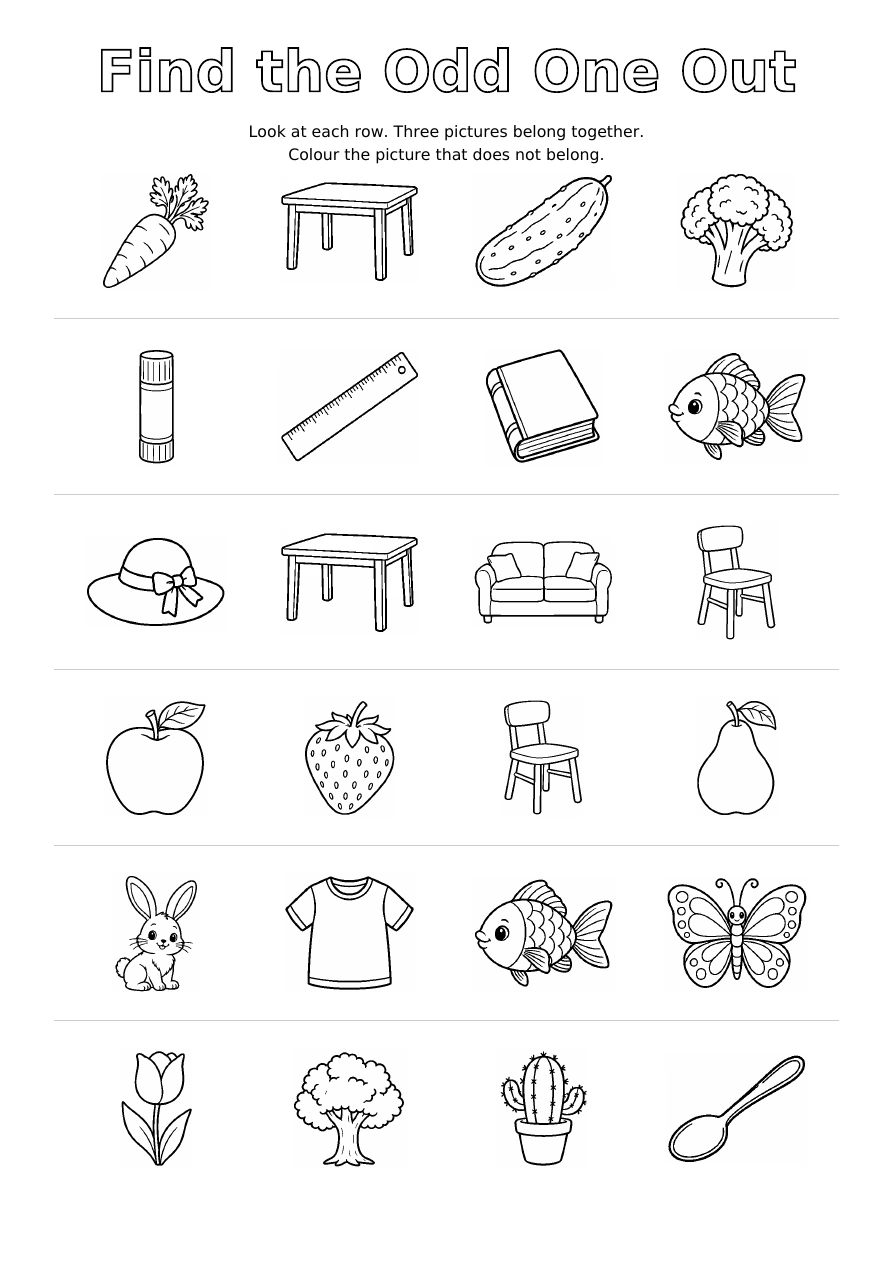 Worksheet 5: six rows of four outline pictures, with one picture in each row that does not belong to the group