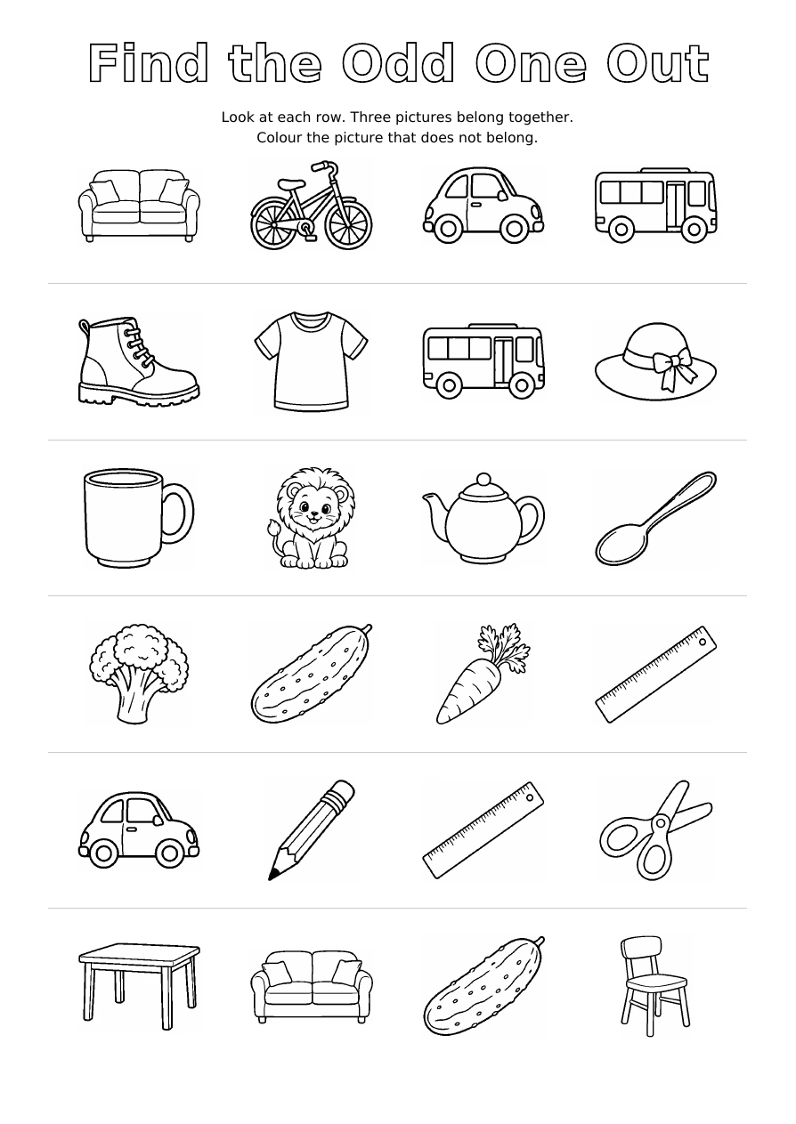 Worksheet 6: six rows of four outline pictures, with one picture in each row that does not belong to the group