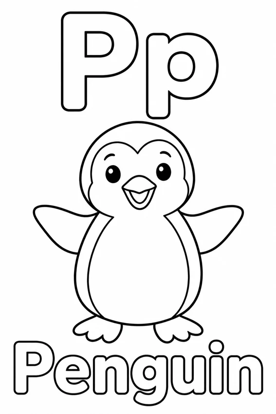 Pp — Penguin colouring page