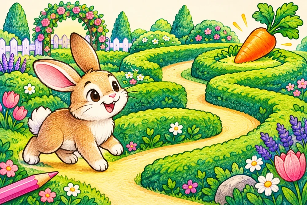 Colourful rabbit looking for a carrot along a winding garden path