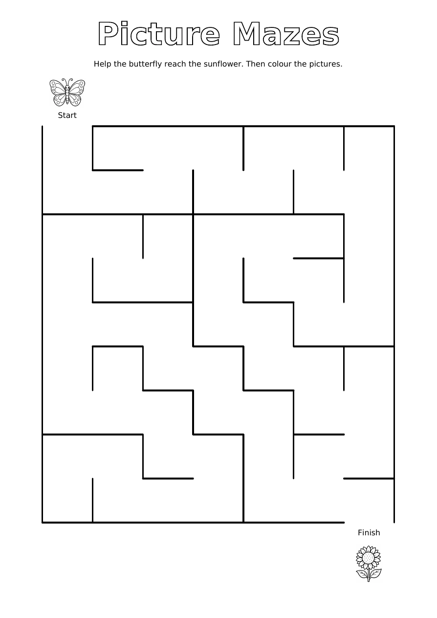 Butterfly & Sunflower: a black and white maze with an unmarked path, a start picture and a finish picture to colour