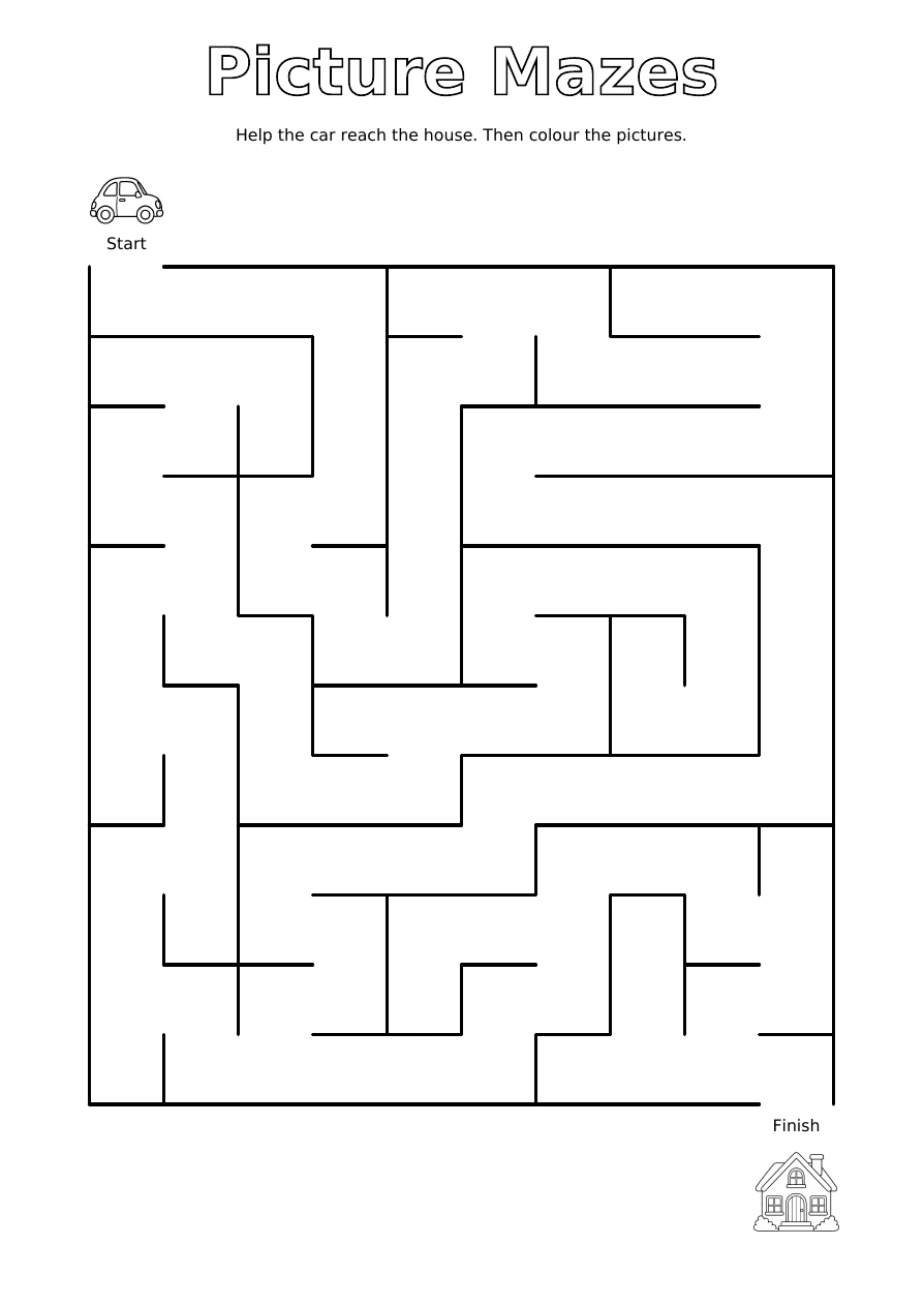 Car & House: a black and white maze with an unmarked path, a start picture and a finish picture to colour