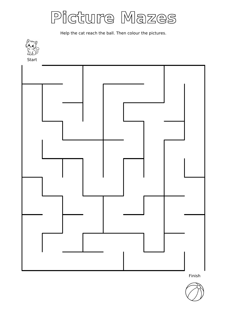 Cat & Ball: a black and white maze with an unmarked path, a start picture and a finish picture to colour