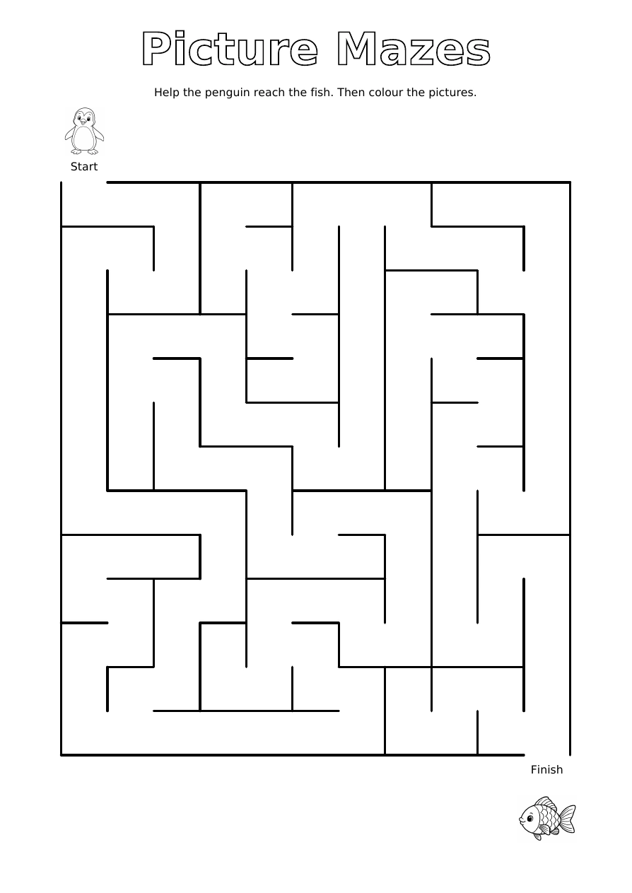 Penguin & Fish: a black and white maze with an unmarked path, a start picture and a finish picture to colour