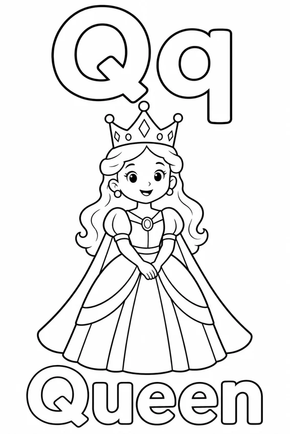 Qq — Queen colouring page