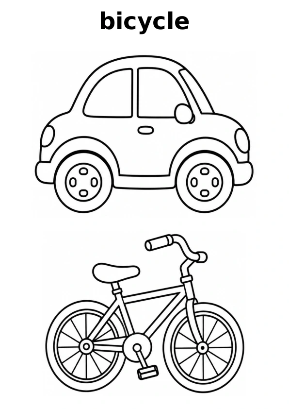 Read the word bicycle and choose between two pictures to colour