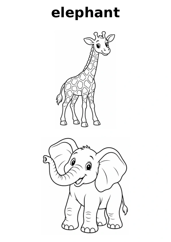 Read the word elephant and choose between two pictures to colour
