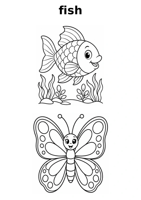 Read the word fish and choose between two pictures to colour