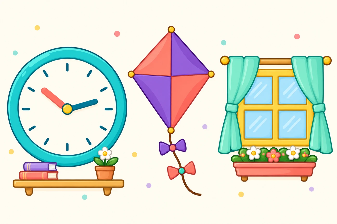 Colourful clock with shelf, kite and square window with curtains and flowers
