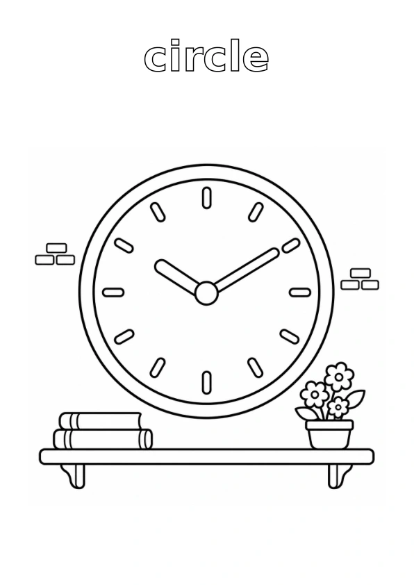 Outlined word circle; clock with simple surrounding details, all ready to colour