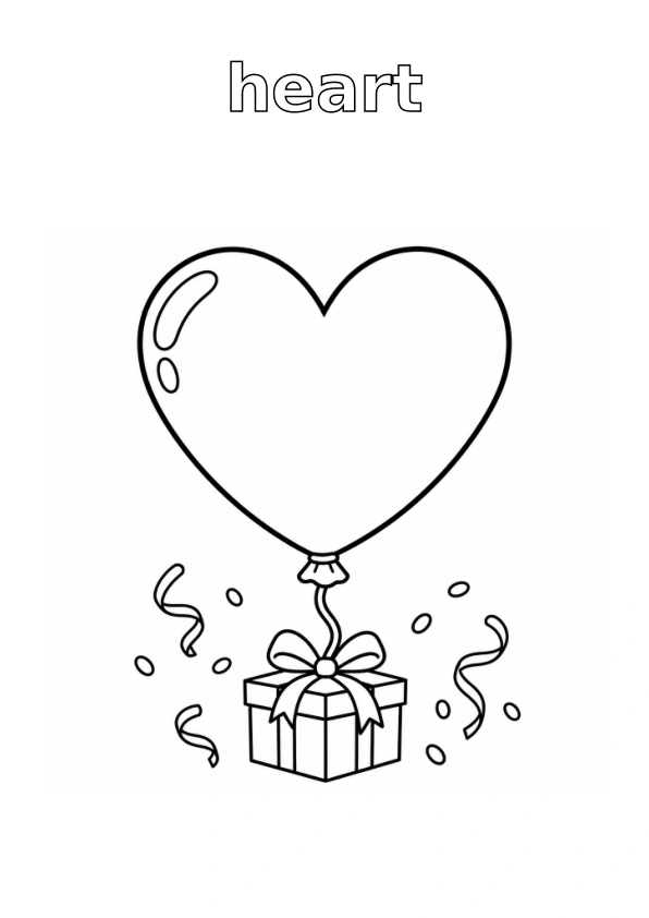 Outlined word heart; balloon with simple surrounding details, all ready to colour