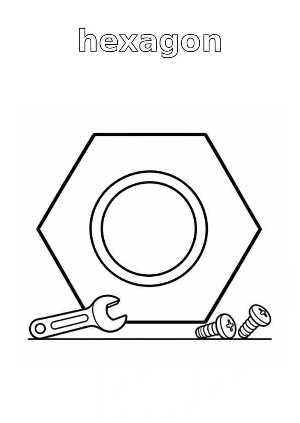 Outlined word hexagon; nut with simple surrounding details, all ready to colour