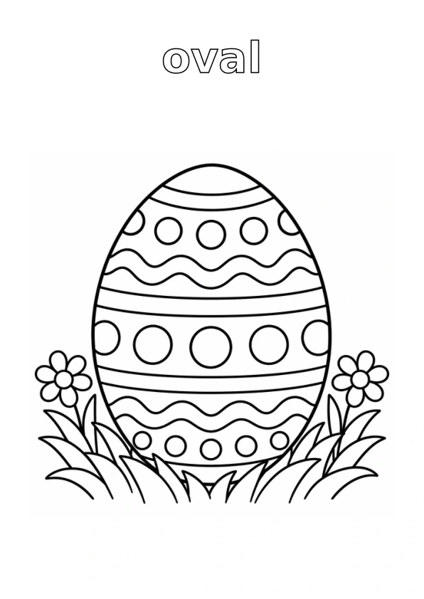 Outlined word oval; egg with simple surrounding details, all ready to colour