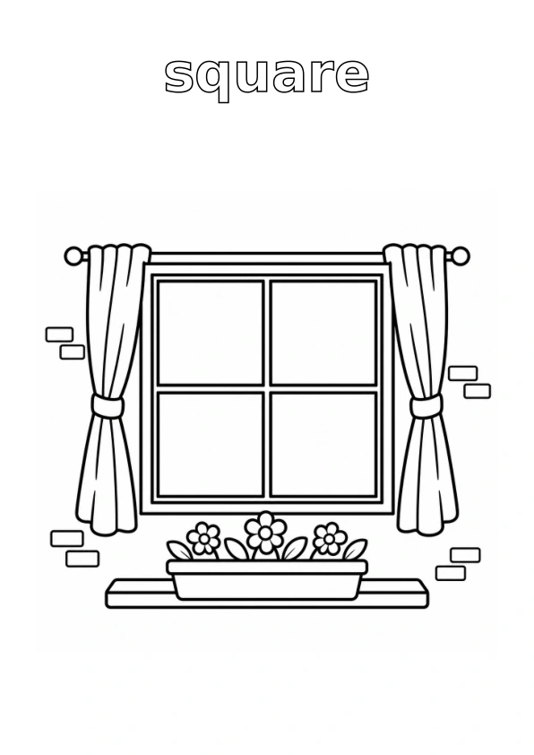 Outlined word square; window with simple surrounding details, all ready to colour