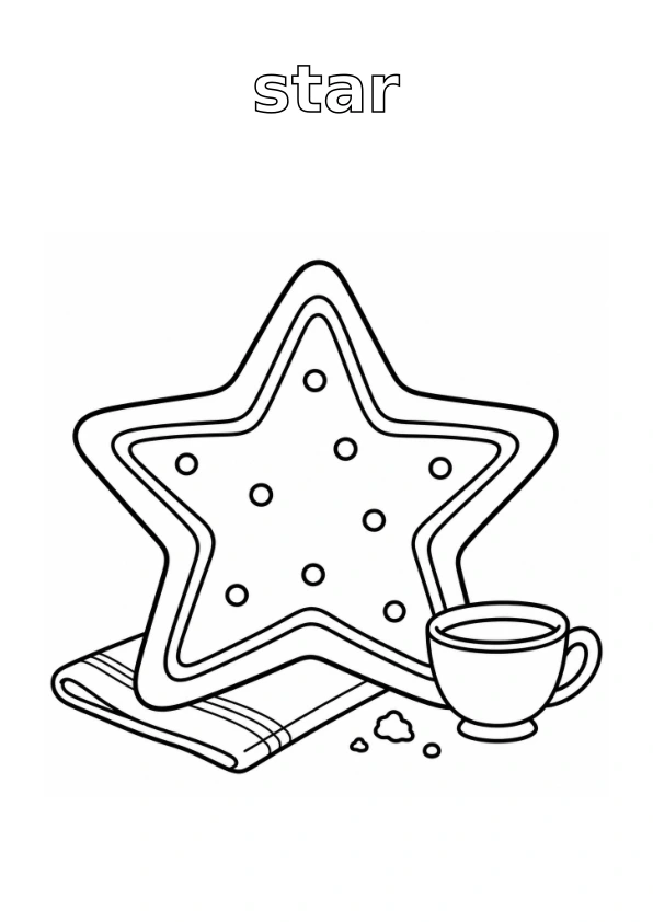 Outlined word star; cookie with simple surrounding details, all ready to colour
