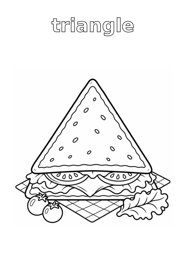 Outlined word triangle; sandwich with simple surrounding details, all ready to colour