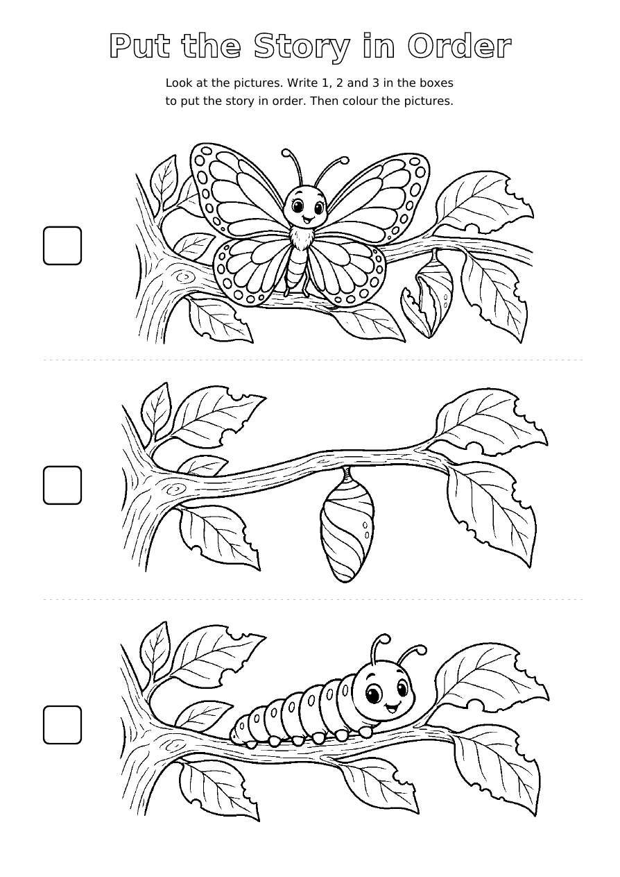 A Butterfly Grows: three shuffled black and white story scenes to colour, with blank boxes for numbers 1, 2 and 3