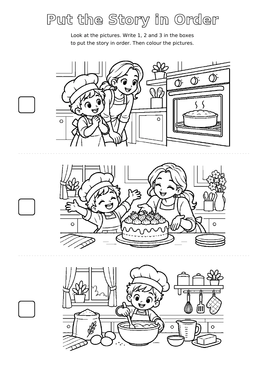 Baking a Cake: three shuffled black and white story scenes to colour, with blank boxes for numbers 1, 2 and 3