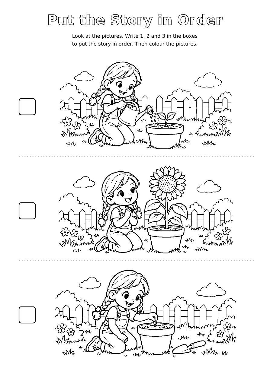 Growing a Sunflower: three shuffled black and white story scenes to colour, with blank boxes for numbers 1, 2 and 3